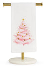 White hand towel with pink watercolor Christmas tree and gold stars, 20x28