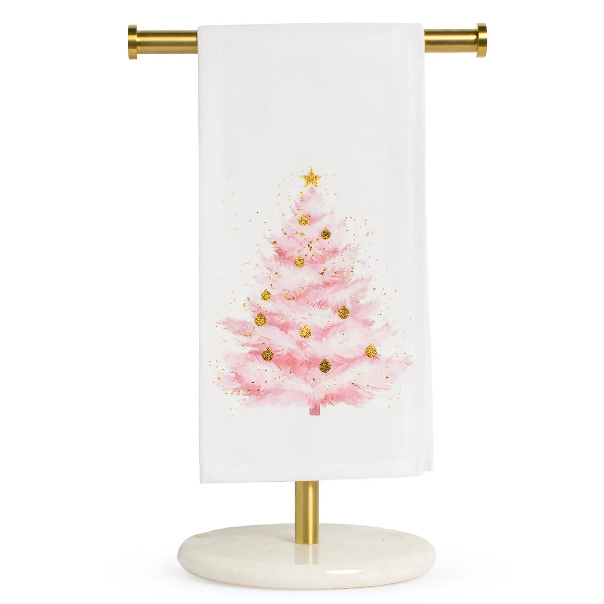 White hand towel with pink watercolor Christmas tree and gold stars, 20x28