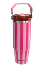 Pink striped tumbler with handle on a white background