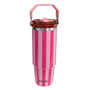 Pink striped tumbler with handle on a white background