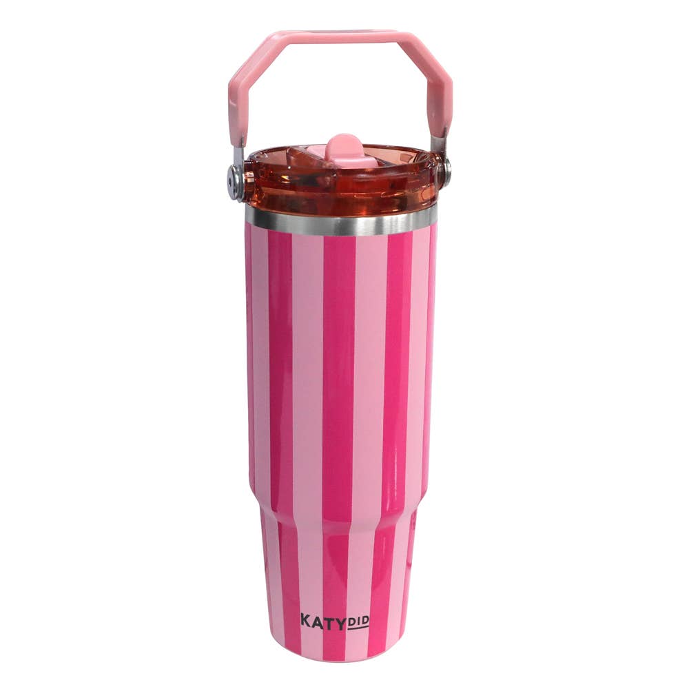 Pink striped tumbler with handle on a white background