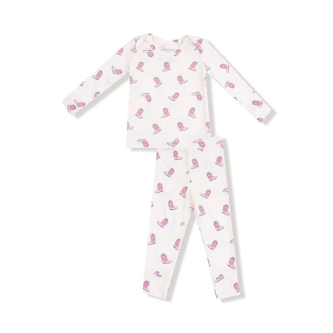 White loungewear set with pink boot design on white background