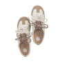 A pair of low-top lace-up sneakers shown from a top-down view on a plain white background. The shoes feature cream and tan panels with matching beige laces and a tan insole.