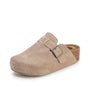Beige clog shoe with a buckle on a white background