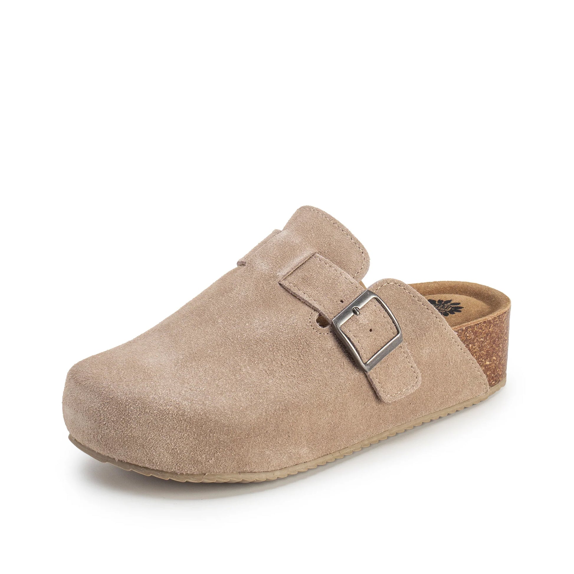 Beige clog shoe with a buckle on a white background