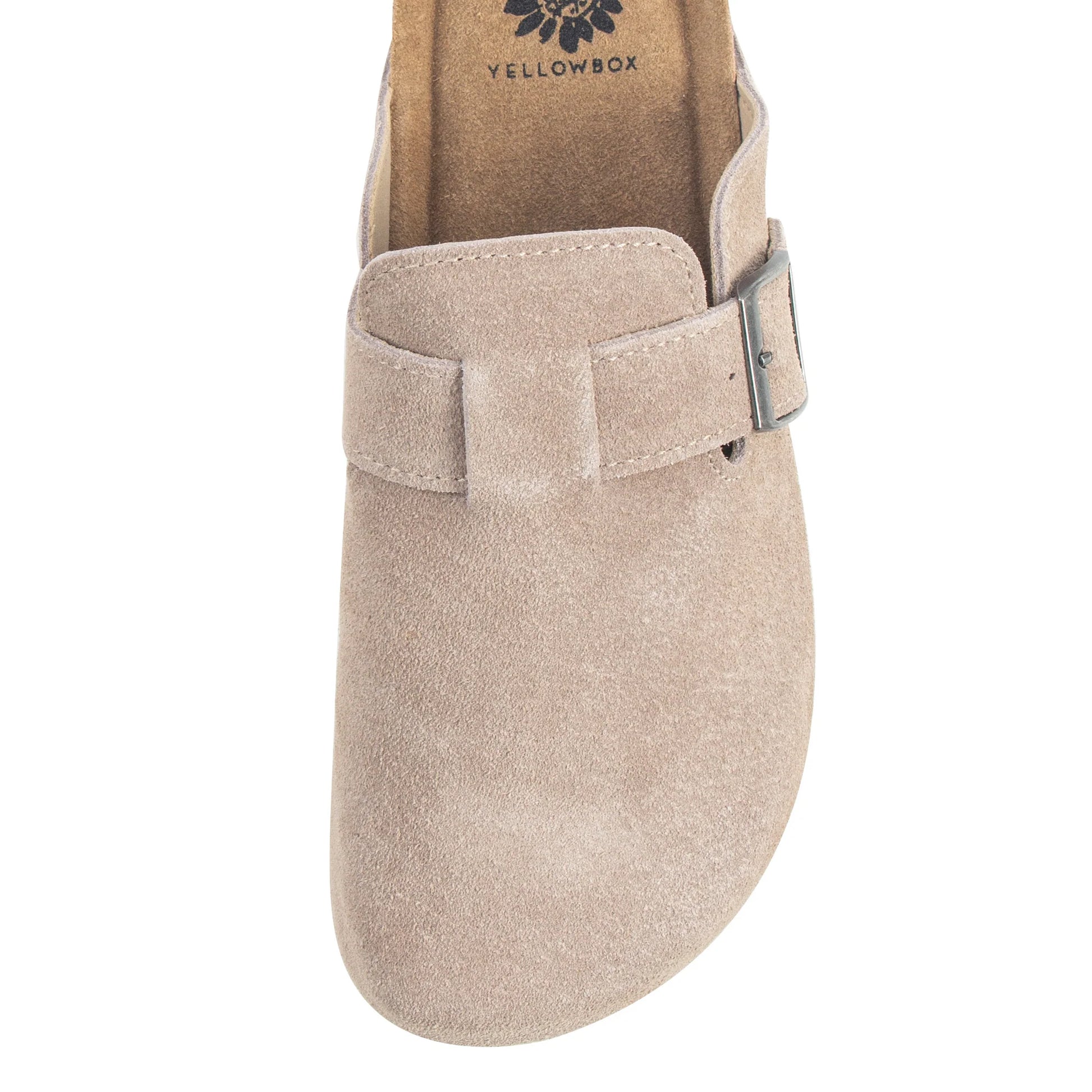 Beige slip-on shoe with a buckle on a white background, featuring the Yellowbox brand.
