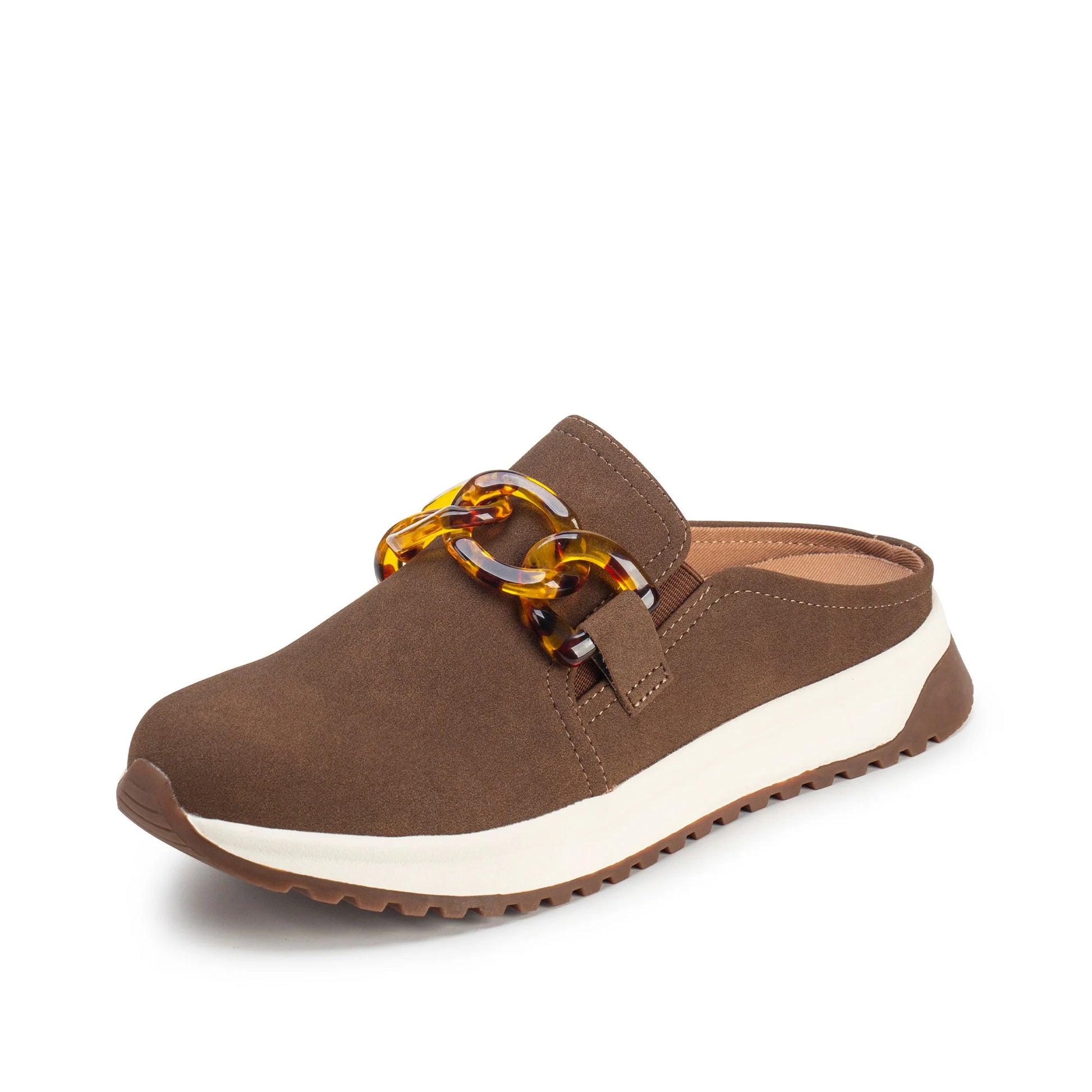 Brown slip-on shoe with a white sole on a white background