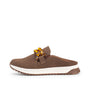Brown slip-on shoe with a decorative strap on a white background