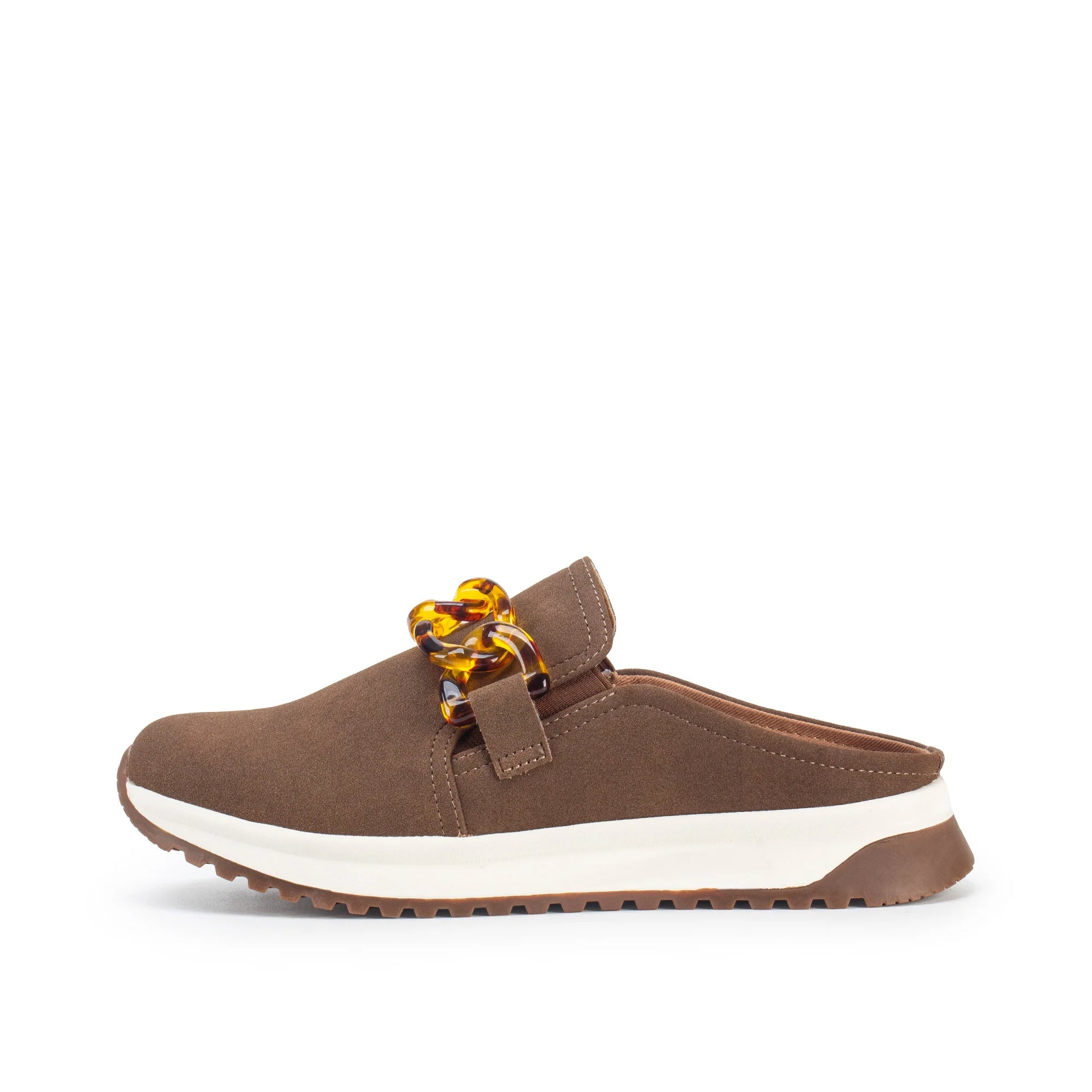 Brown slip-on shoe with a decorative strap on a white background