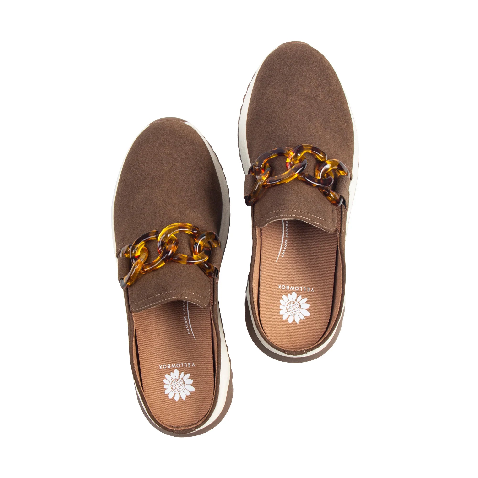 Brown loafers with chain details on a white background