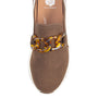 Brown loafer shoe with tortoiseshell chain detail on a white background, featuring Yellowbox branding.