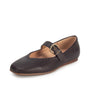 A dark brown leather Mary Jane flat shoe with a decorative strap and a gold-tone buckle, shown from a three-quarters angle on a white background.