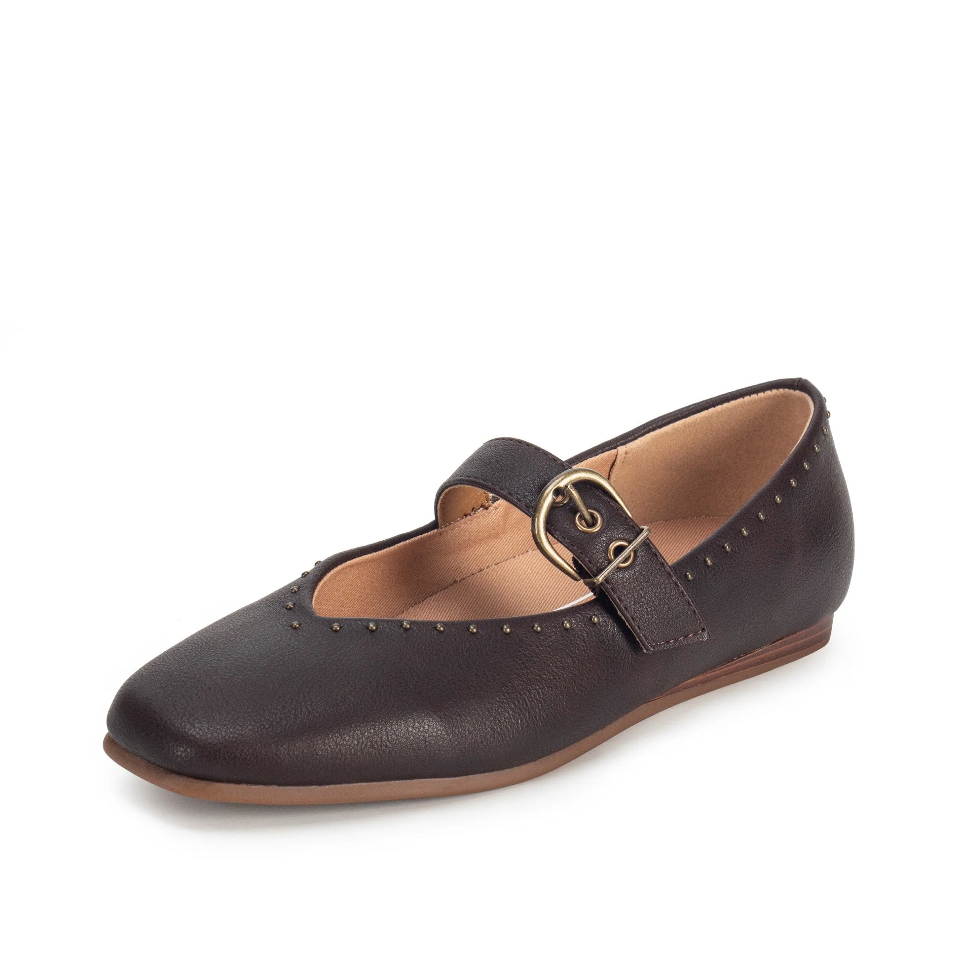 A dark brown leather Mary Jane flat shoe with a decorative strap and a gold-tone buckle, shown from a three-quarters angle on a white background.