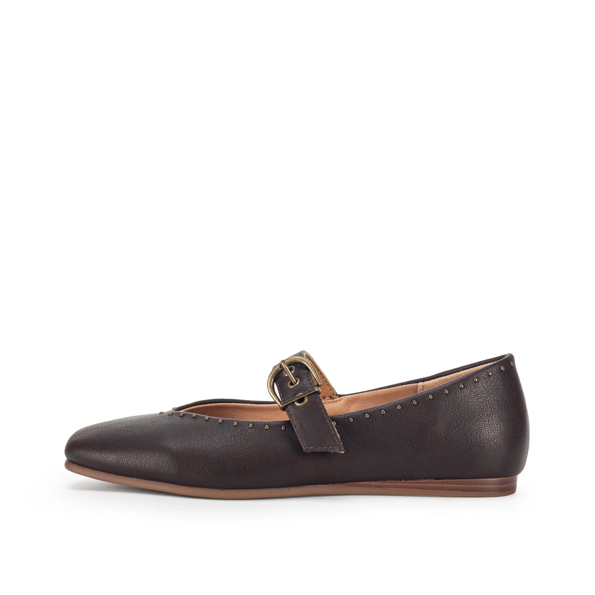 A dark brown leather Mary Jane flat shoe with a pointed toe, decorative edge stitching, and a small gold-tone buckle on a strap, shown against a plain white background.