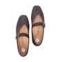 A pair of dark brown leather Mary Jane flats with square toes, studded edges, and buckle straps, shown from a top-down view on a white background.