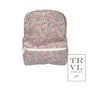 Floral patterned backpack with 'TRVL Design' logo on a white background