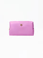Pink clutch bag with a gold clasp on a white background