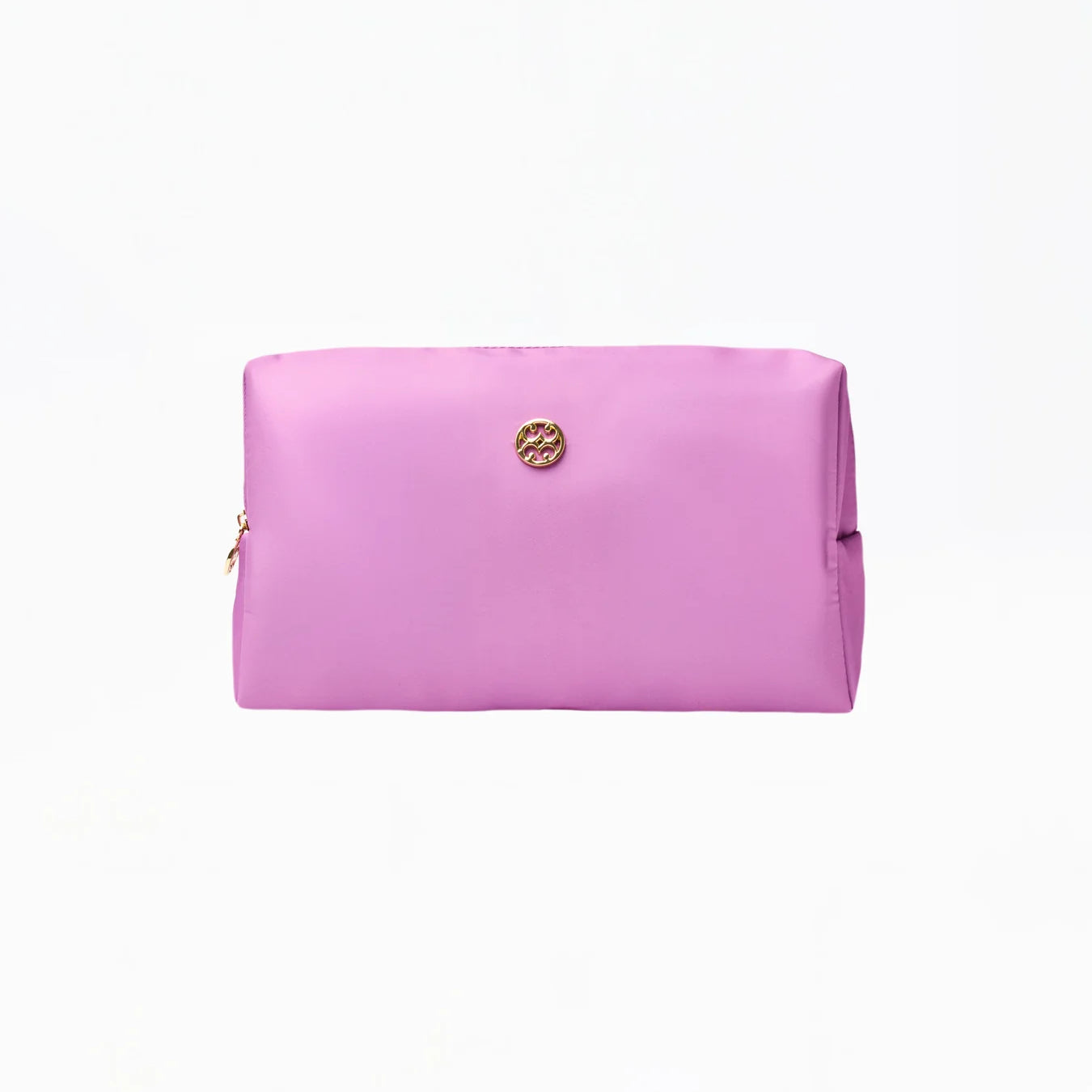 Pink clutch bag with a gold clasp on a white background