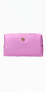 Pink clutch bag with a gold clasp on a white background