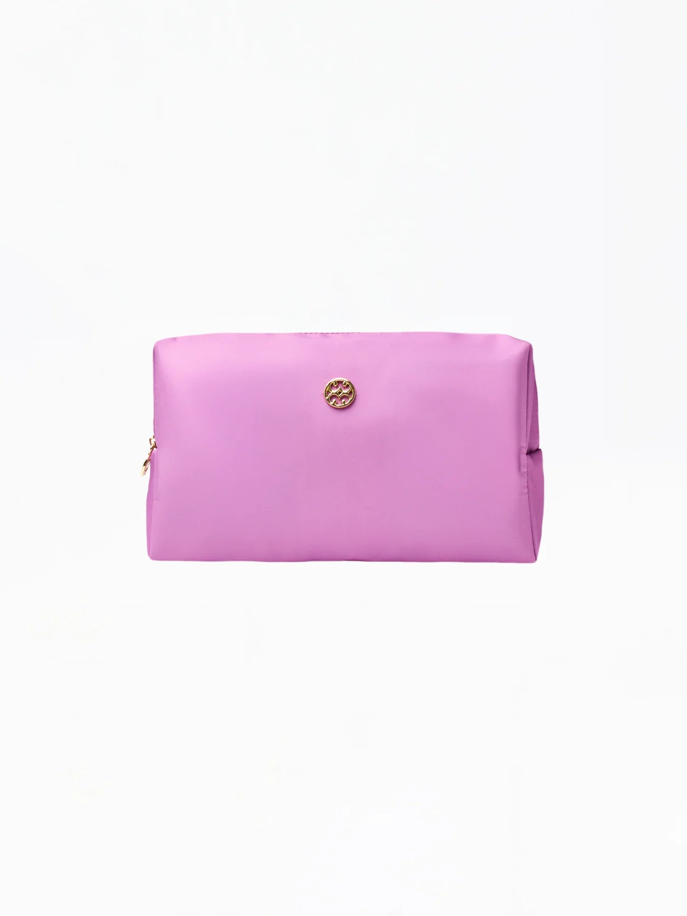 Pink clutch bag with a gold clasp on a white background