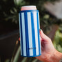 Blue striped can insulator with navy stripes, pink lid, Katydid logo