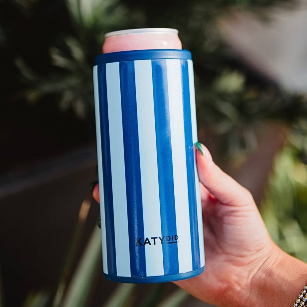 Blue striped can insulator with navy stripes, pink lid, Katydid logo