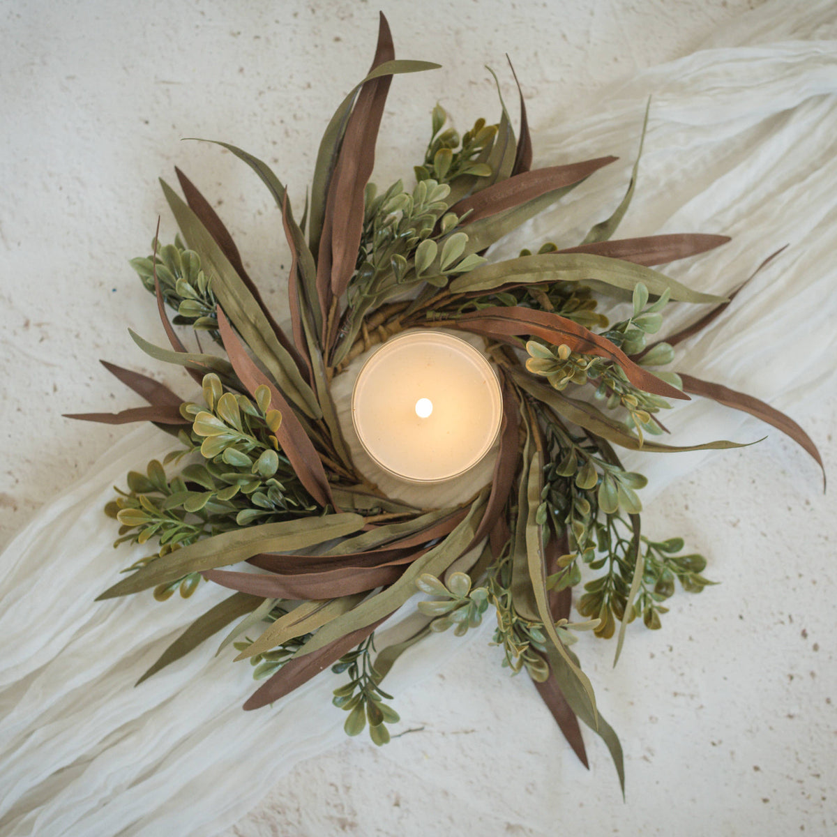 Ragon House - 14" BROWN & GREEN MIXED LEAF CANDLE RING