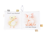 Open soft farm animals cloth crinkle book showing duck and pig pages with fabric tags
