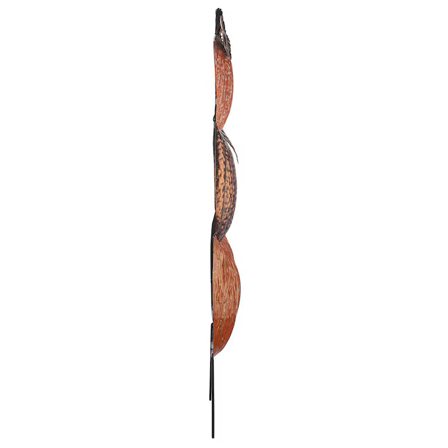 A tall, narrow decorative wall hanging or sculpture made of stacked curved panels in mottled brown, rust, and black tones, suspended against a plain white background.