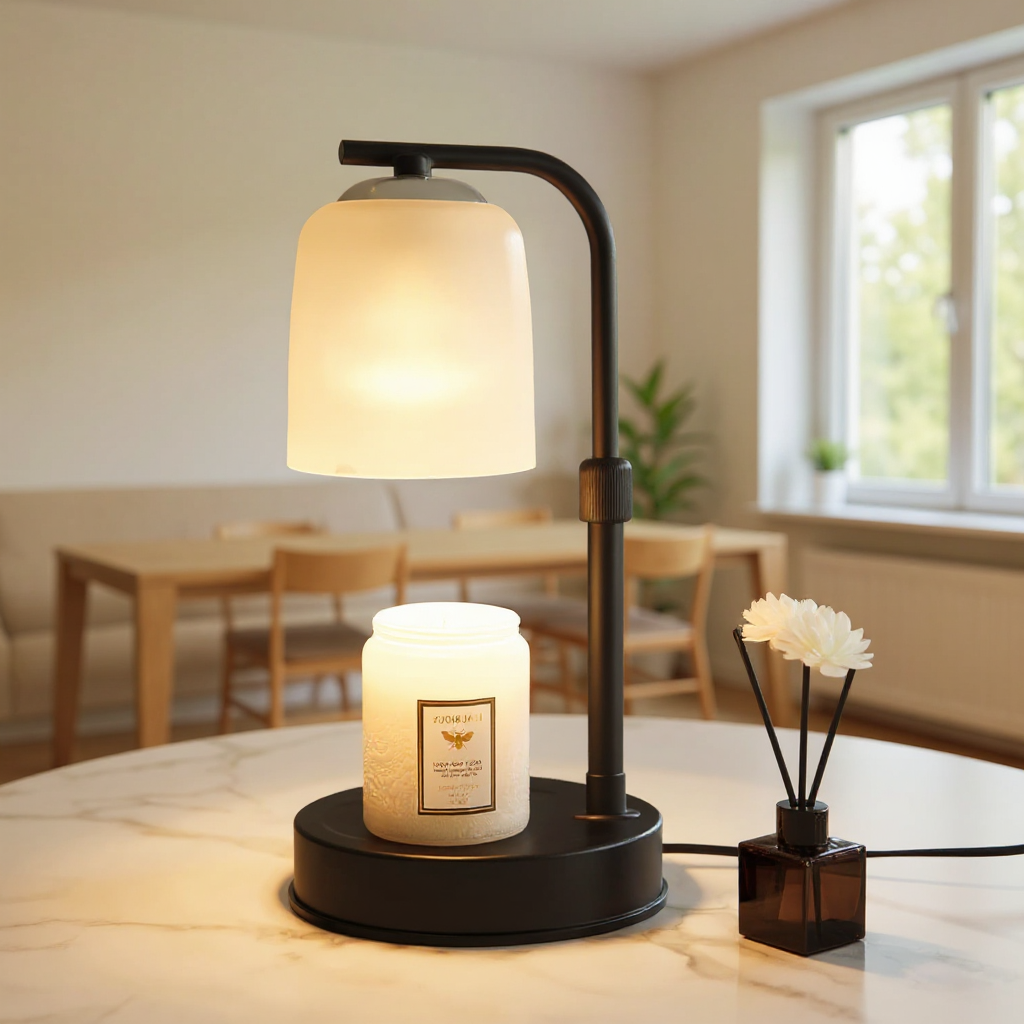 Table lamp with a candle and diffuser on a table in a room with a window.