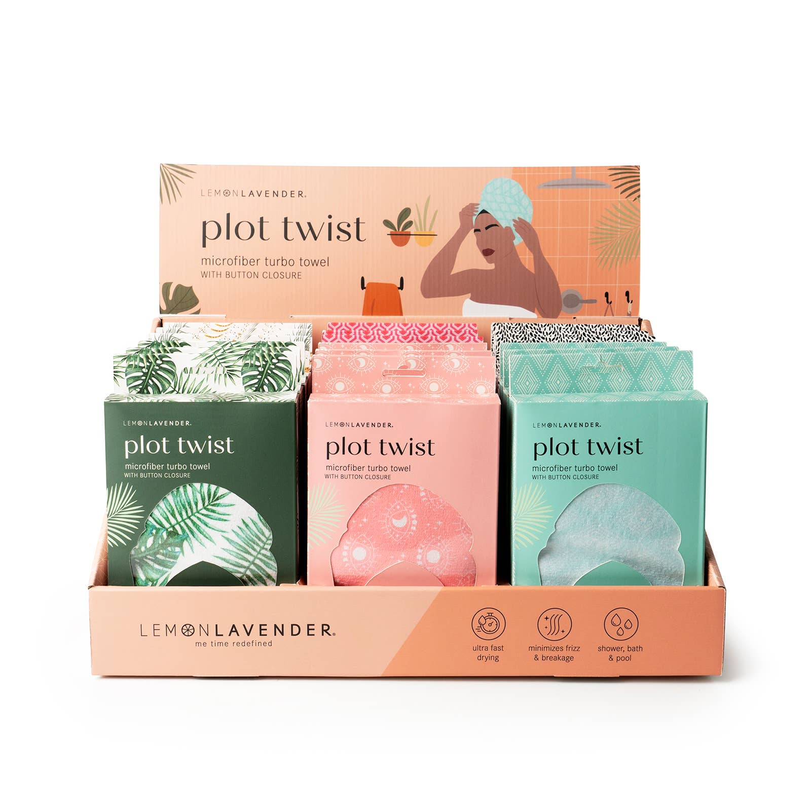 Display of Lemon Lavender plot twist products with colorful packaging on a white background