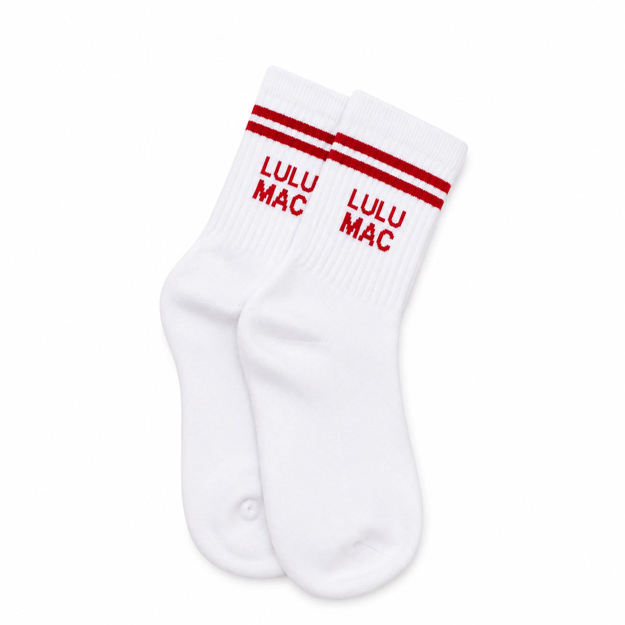White socks with red stripes and LULU MAC lettering, crew length, single pair