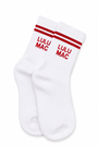 White socks with red stripes and LULU MAC lettering, crew length, single pair
