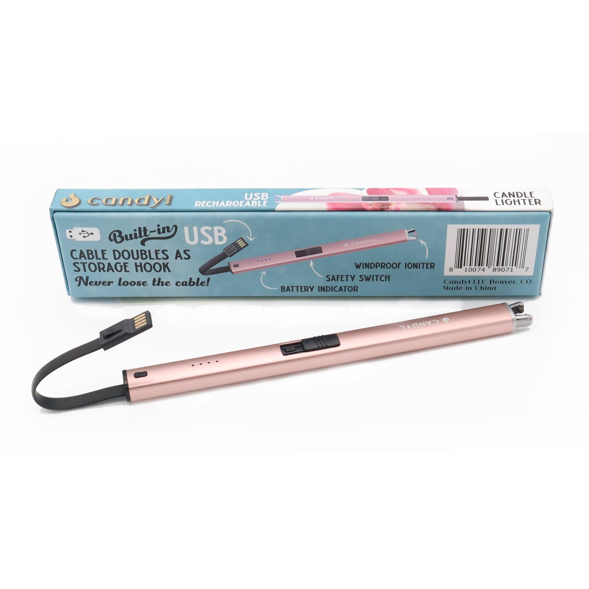 Rose gold lighter with USB cable on a white background