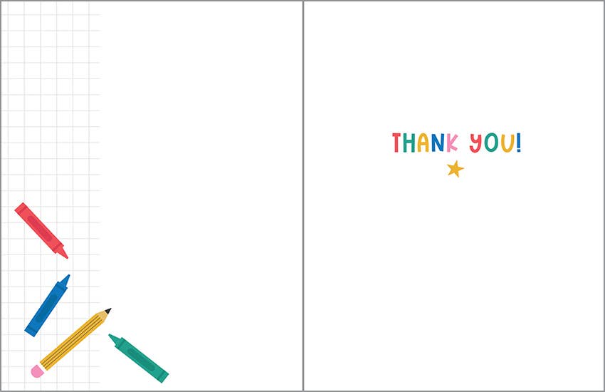 Notebook with colorful pencils on one page and 'THANK YOU!' on the other, on a white background.