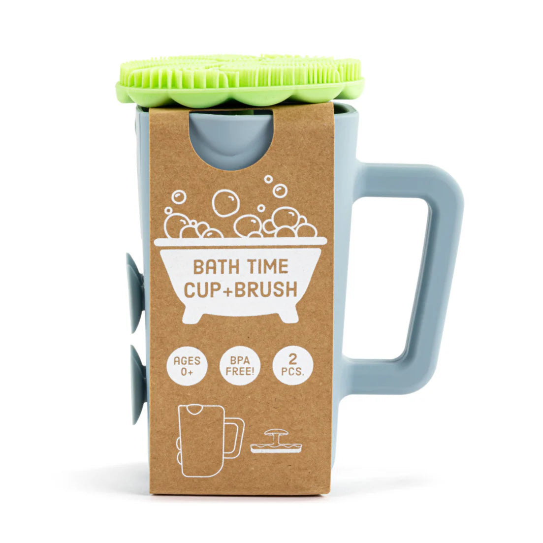 Bath time cup and brush set with packaging on a white background