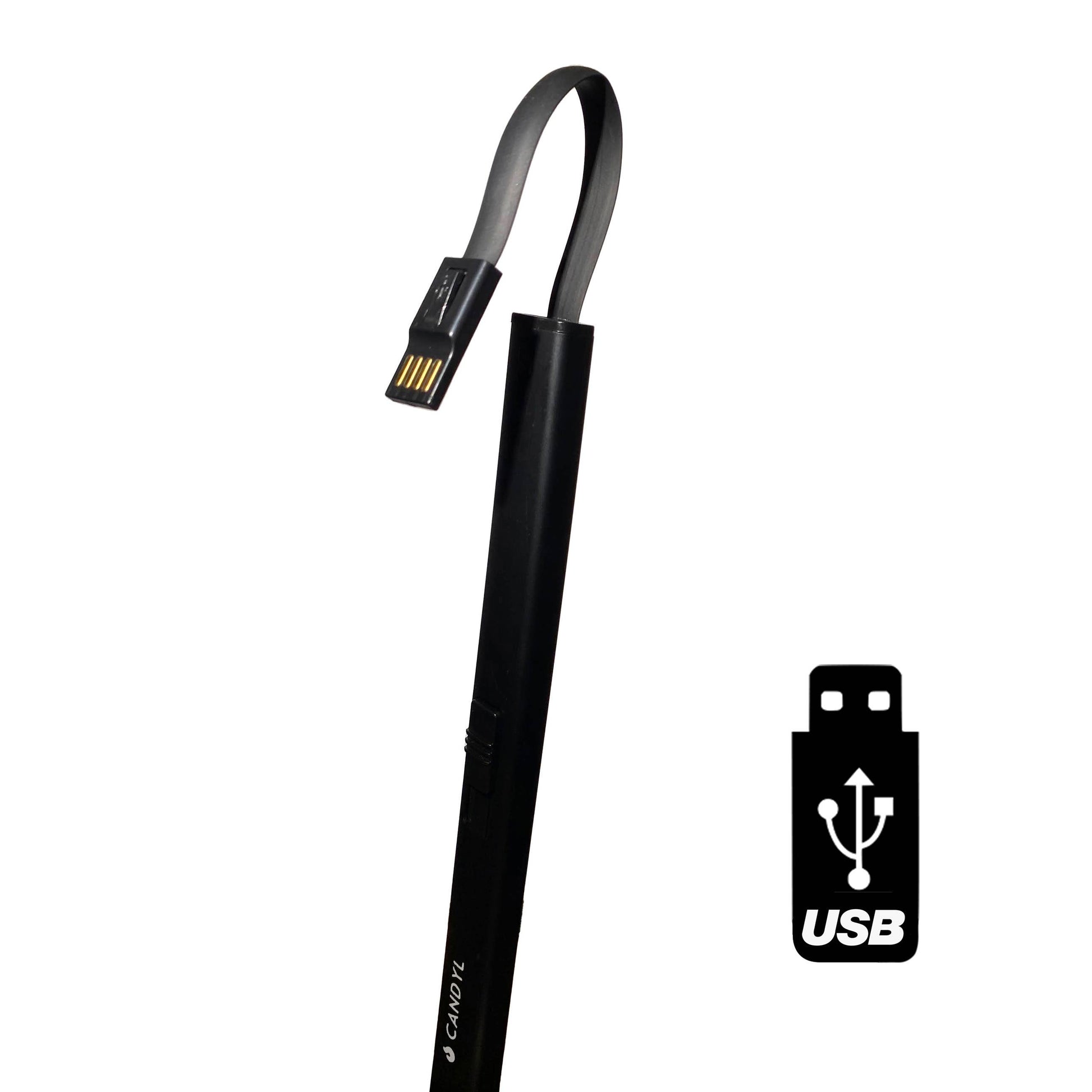 Black USB cable with a USB connector on a white background