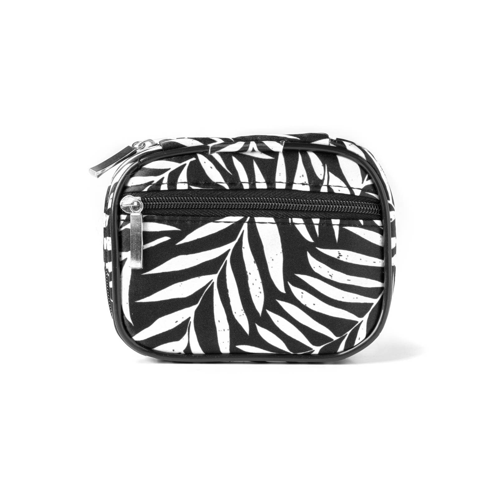 Black and white palm leaf patterned bag on a white background