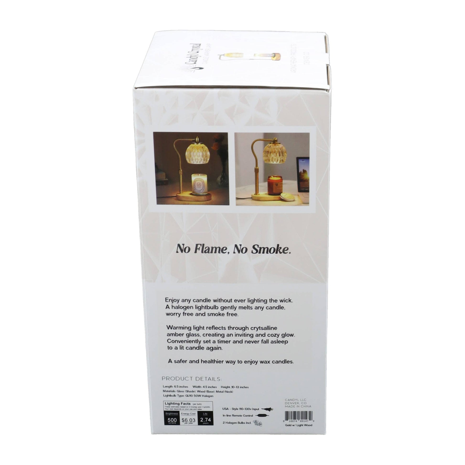 Product packaging with text 'No Flame, No Smoke' and images of a candle and lantern.