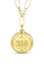 A gold pendant necklace featuring a round coin-style charm engraved with the number '318', suspended from a matching gold chain on a plain white background.