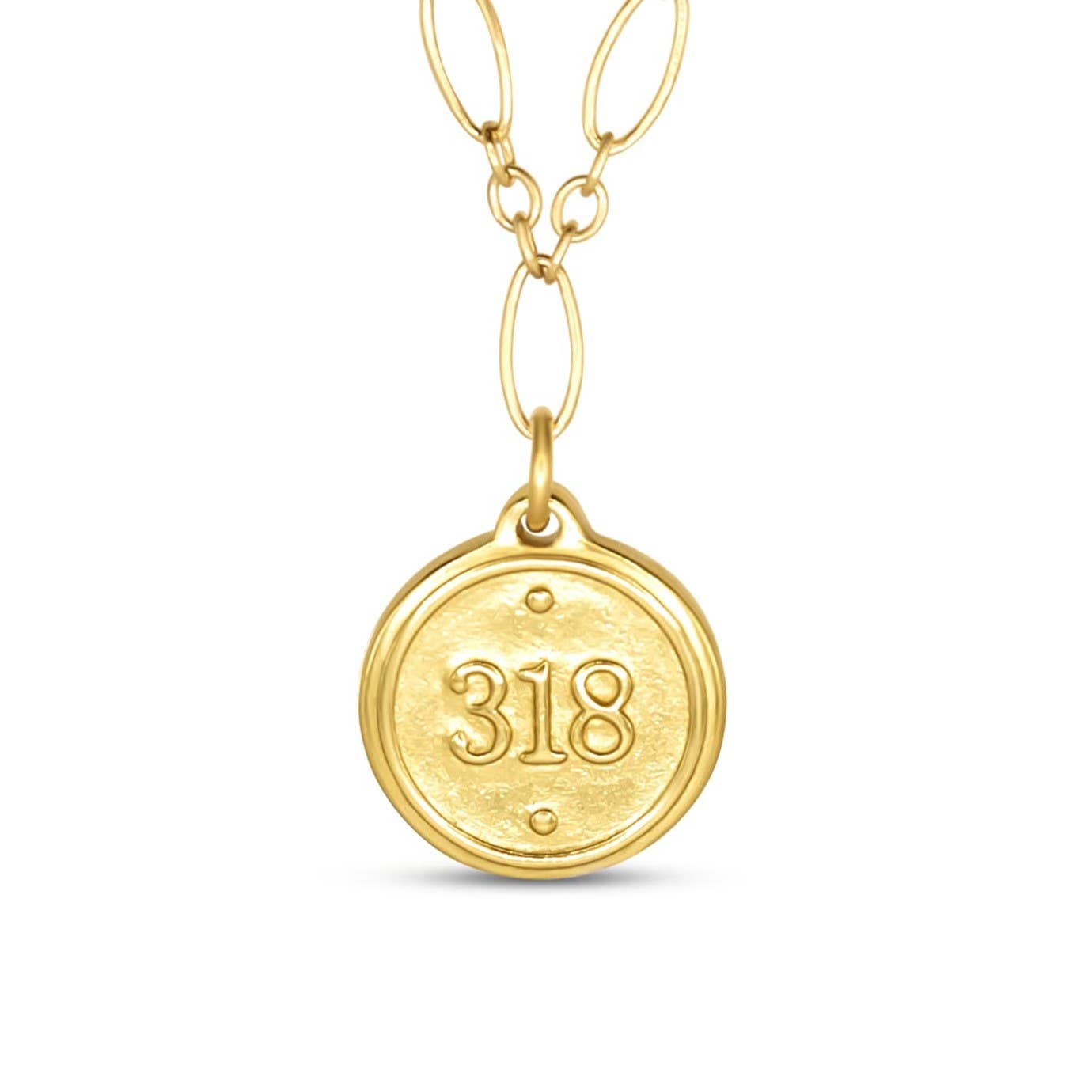 A gold pendant necklace featuring a round coin-style charm engraved with the number '318', suspended from a matching gold chain on a plain white background.