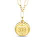 A gold pendant necklace featuring a round coin-style charm engraved with the number '318', suspended from a matching gold chain on a plain white background.
