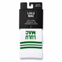 White half-crew throwback socks with green stripes and Lulu Mac text