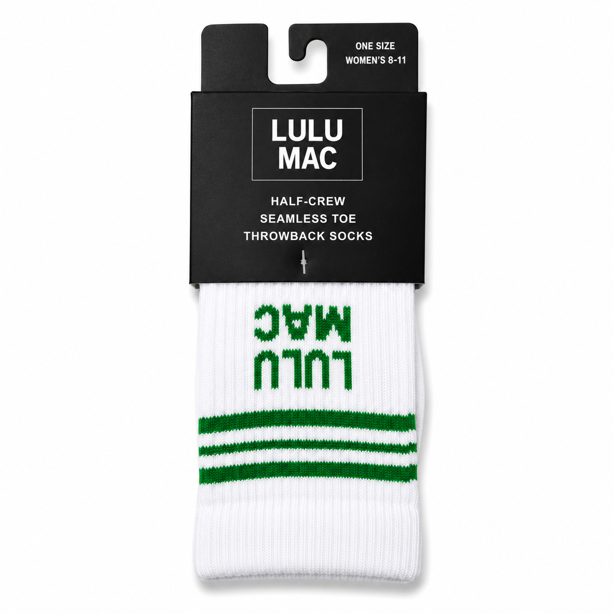 White half-crew throwback socks with green stripes and Lulu Mac text