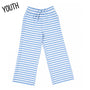 Youth light blue striped pants with elastic waistband and drawstring