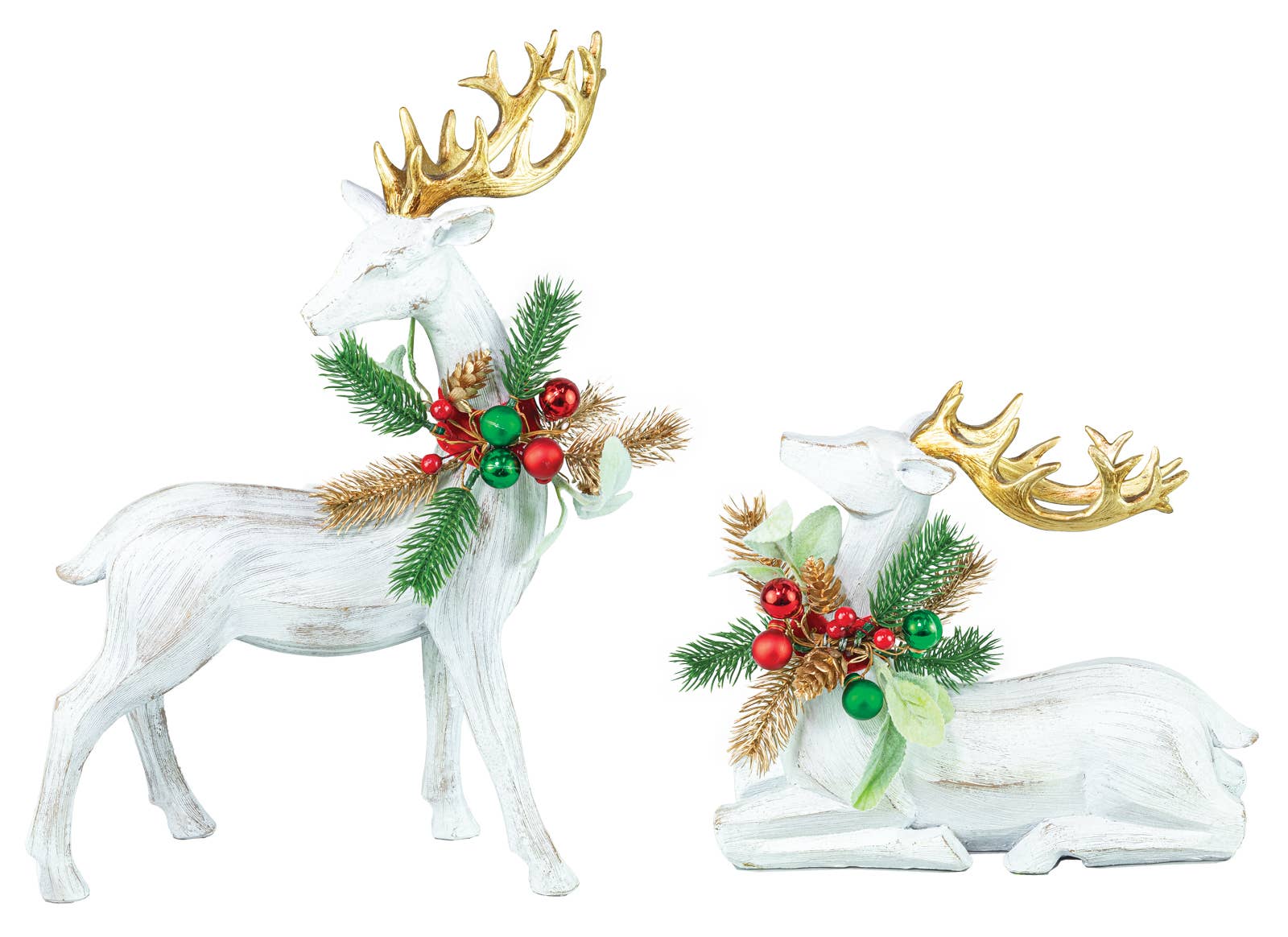 2 Decorative reindeer figurines with gold antlers and festive wreaths on a white background