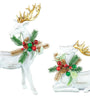 2 Decorative reindeer figurines with gold antlers and festive wreaths on a white background