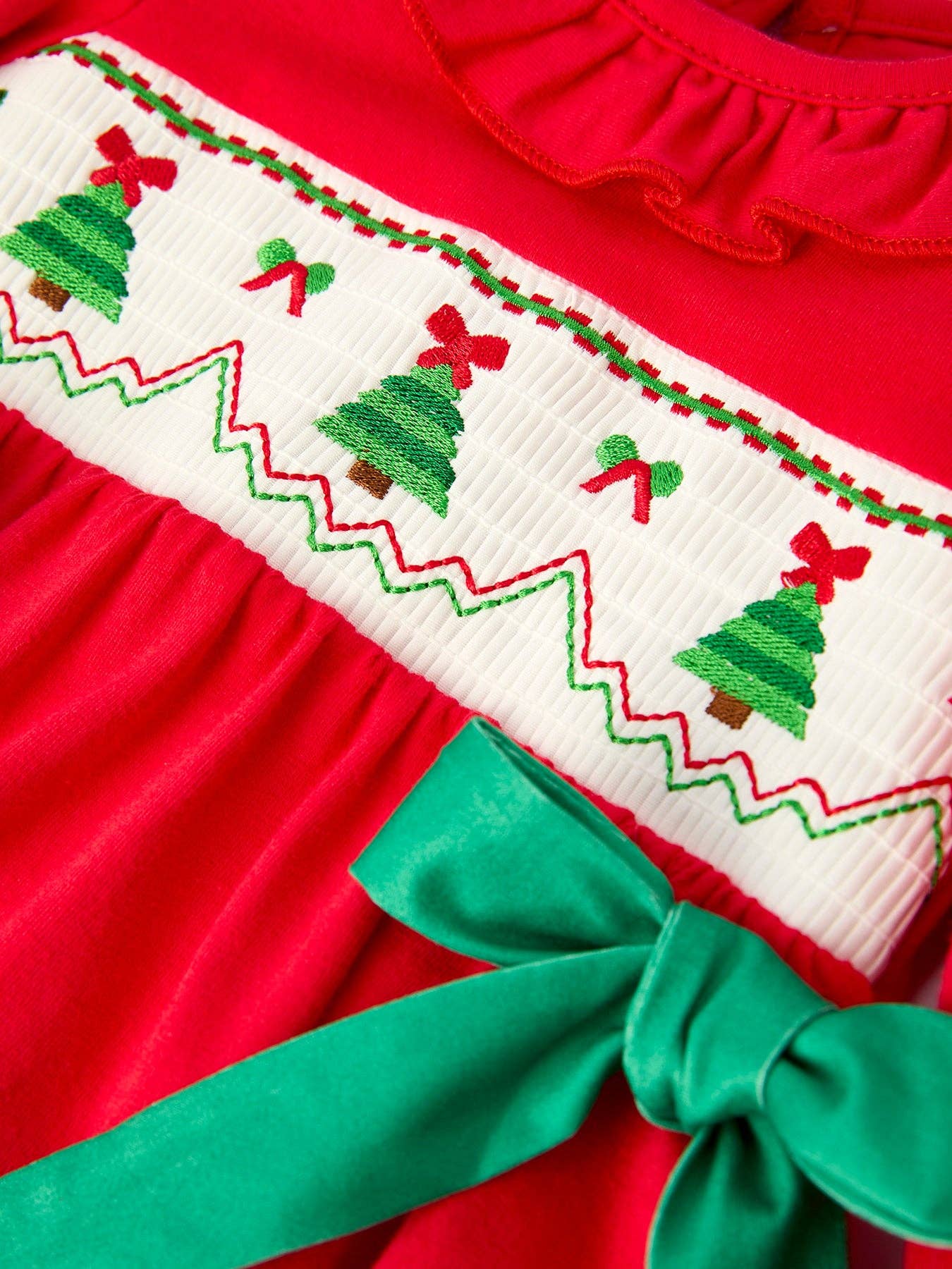 Rylee Faith Designs - Christmas Smocked Girls Romper with Green Bow and Tree Embroidery