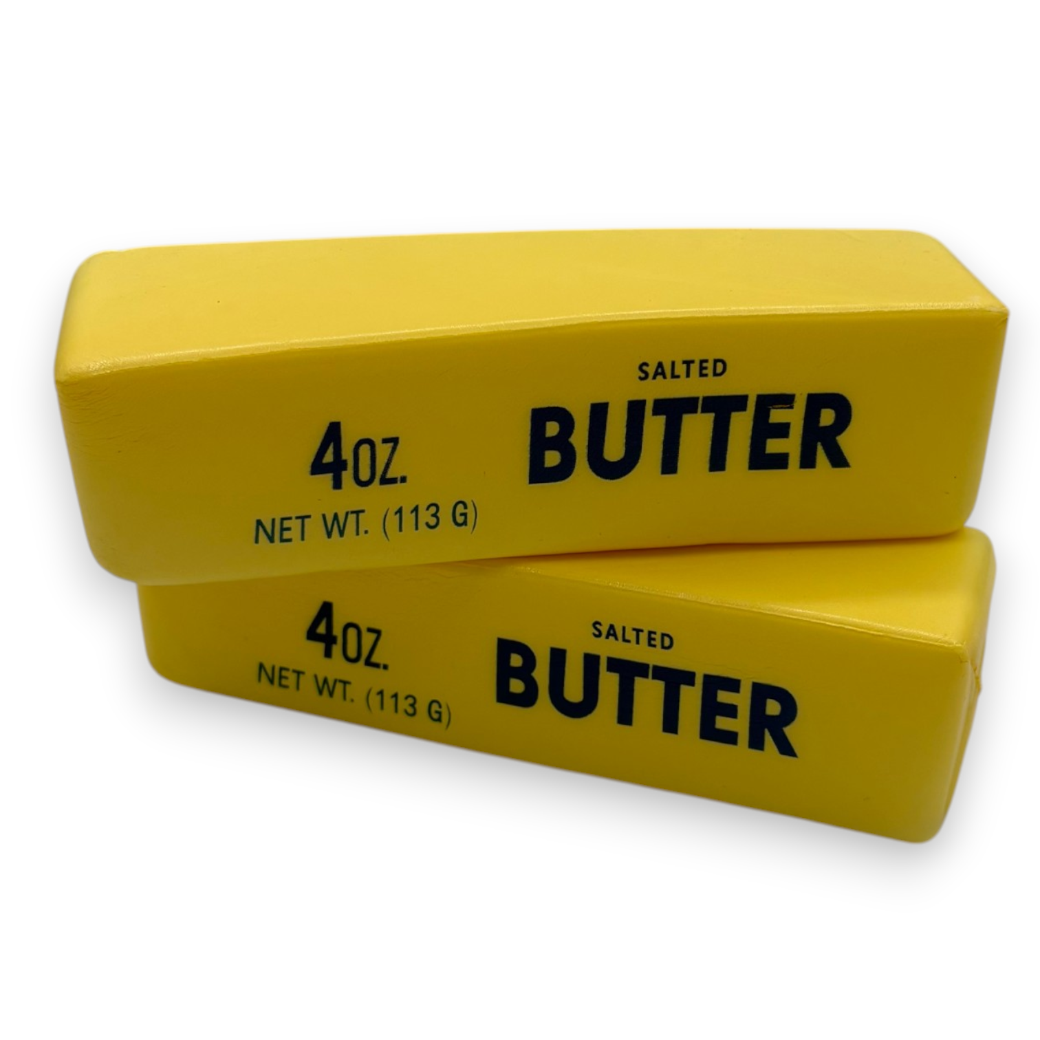 Two yellow blocks of salted butter with black text on a white background