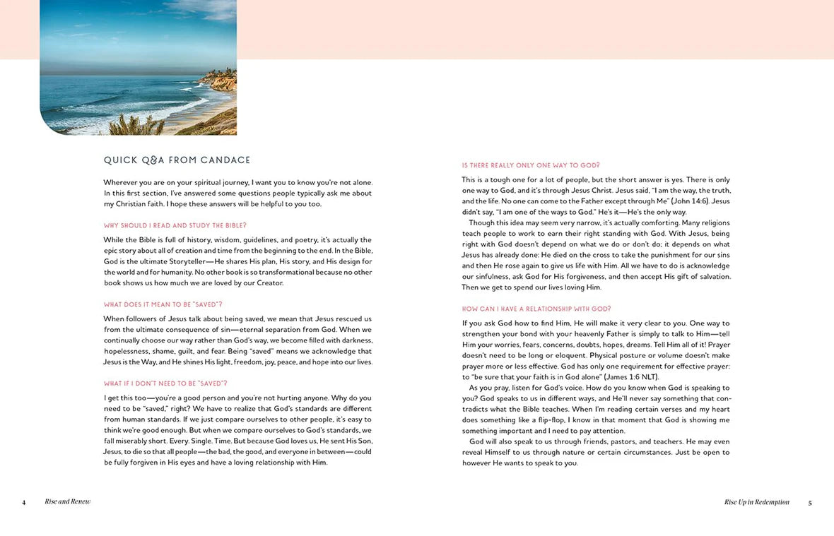 Book page with text and a scenic image of a beach on a pink background